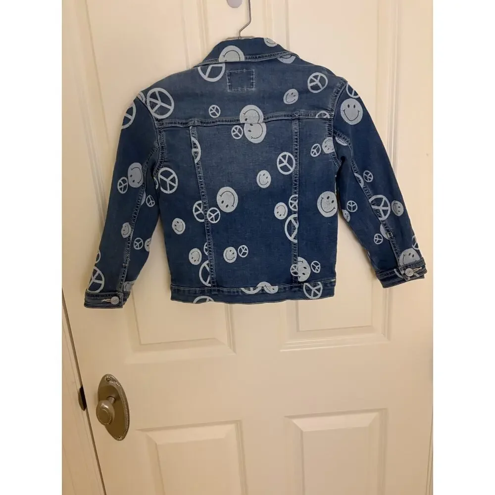 Justice Stranger Things girls' jean jacket, XS 5/6 smiles, peace signs, distress